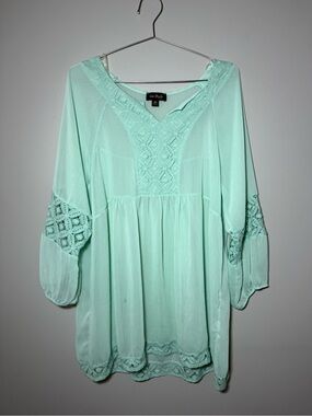 Cal Style Mint Blouse Size 2XL Sheer Lace Puff Sleeve Made in USA